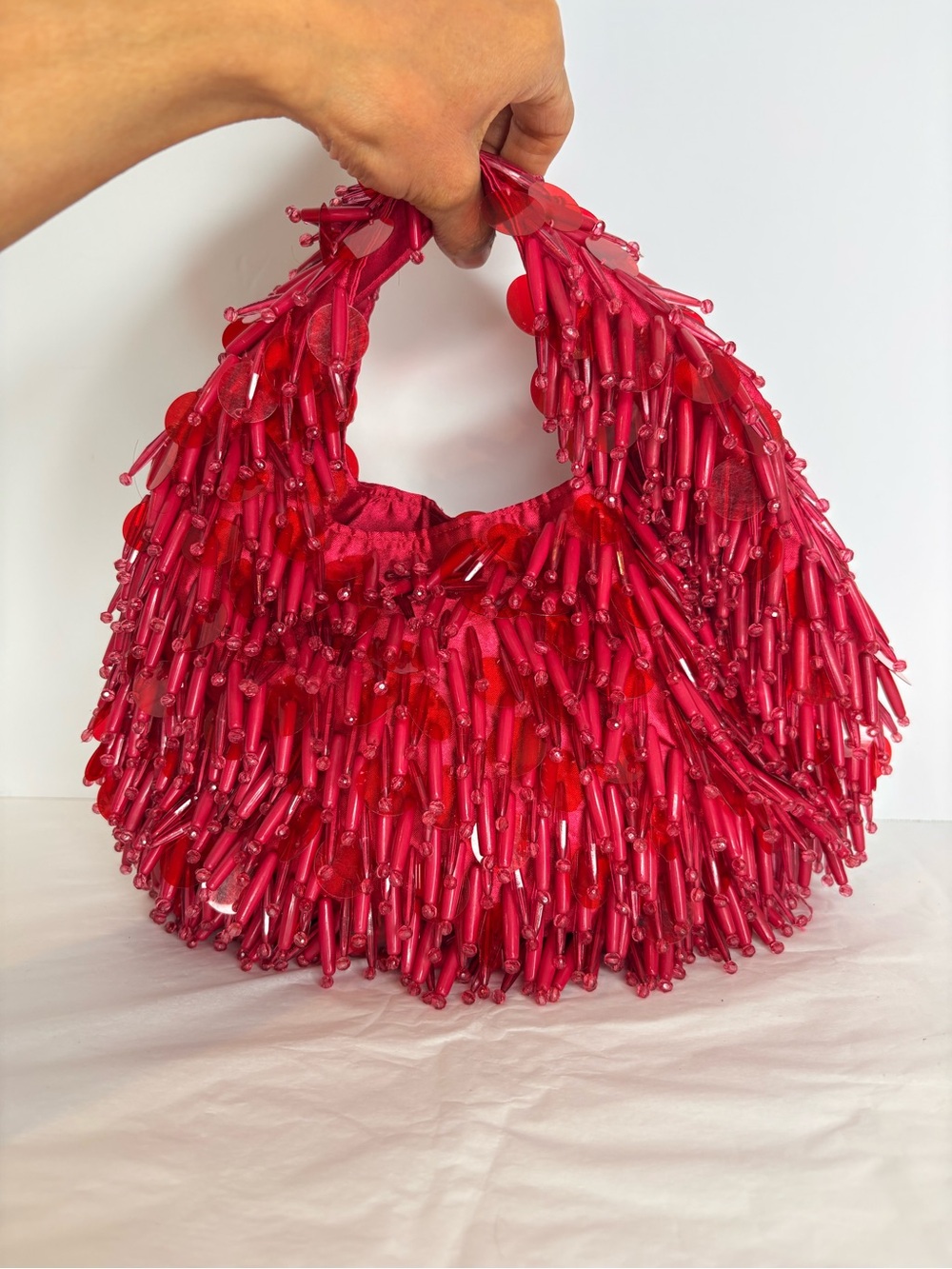 Zara Bright Red Beaded Handle Bag